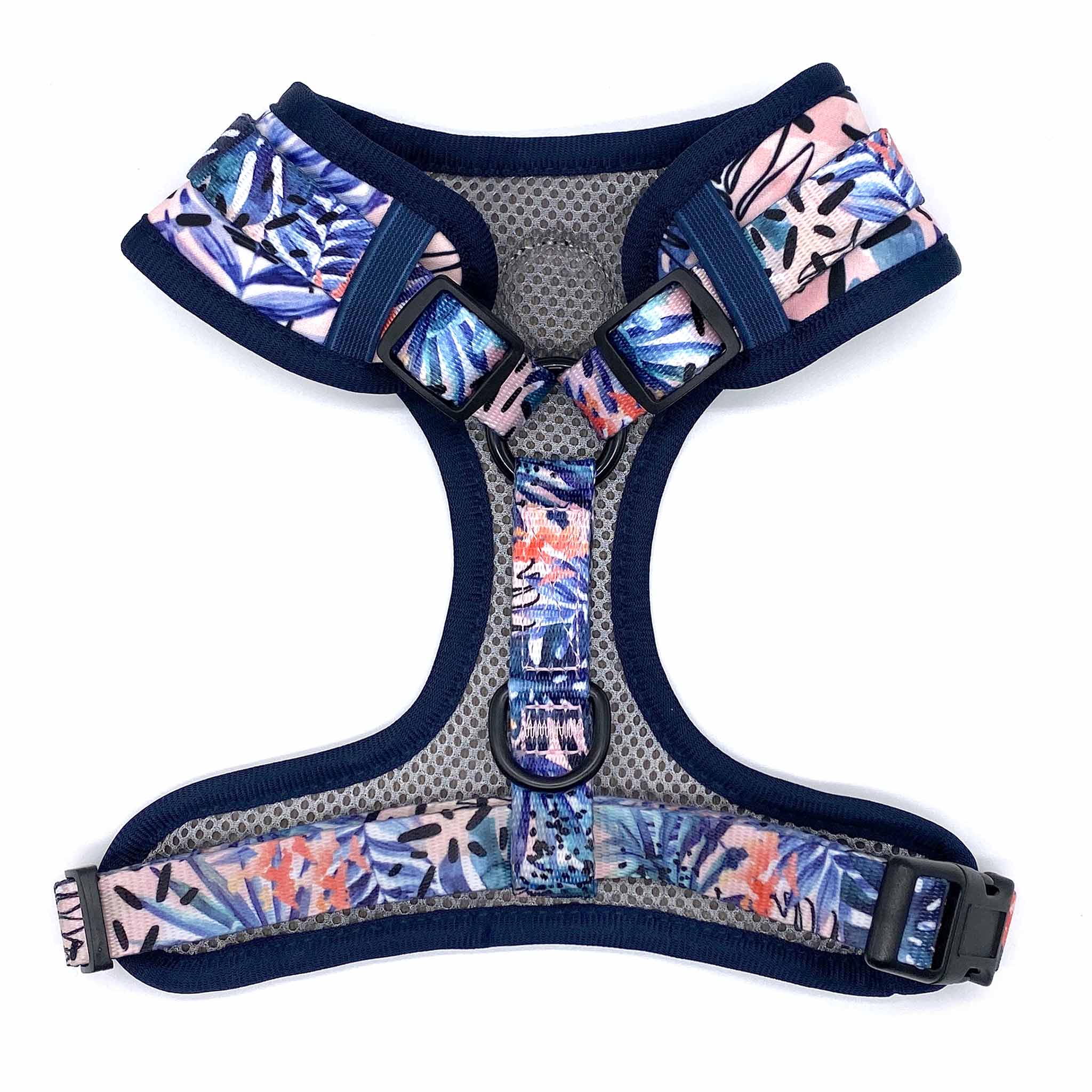 Back view of Pipco Pets adjustable dog harness with Tropic Fronds tropical leaves print pattern in blue